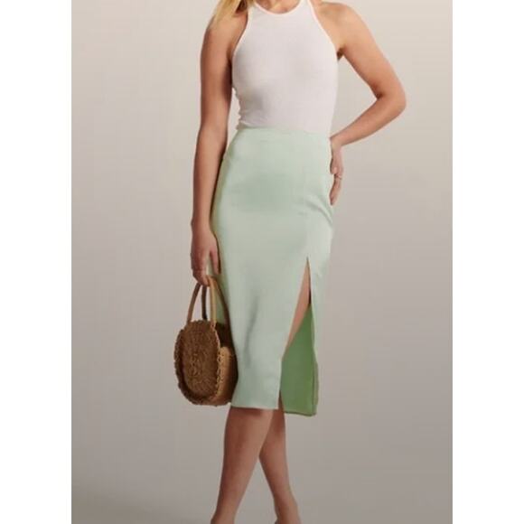 Abercrombie & Fitch High Slit Satin Midi Skirt Light Green - Picture 1 of 8